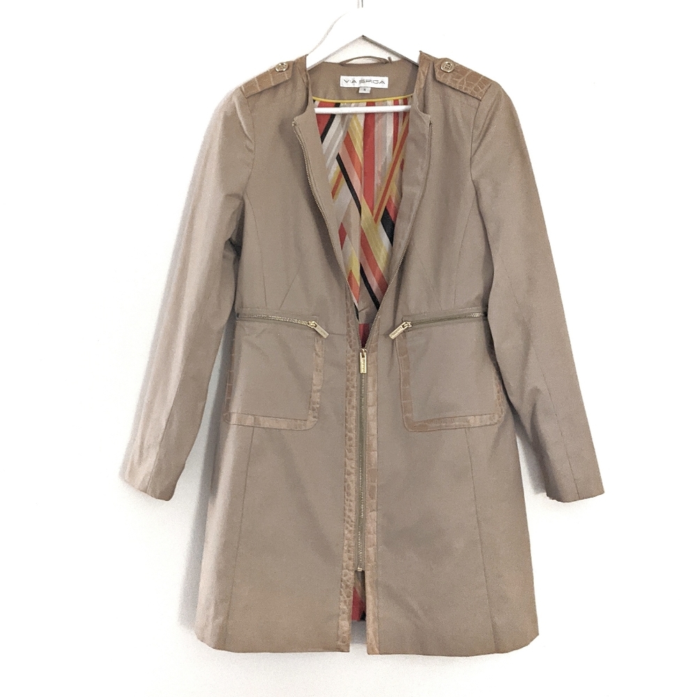 Via Spiga S Light Trench Coat Faux Leather Trim